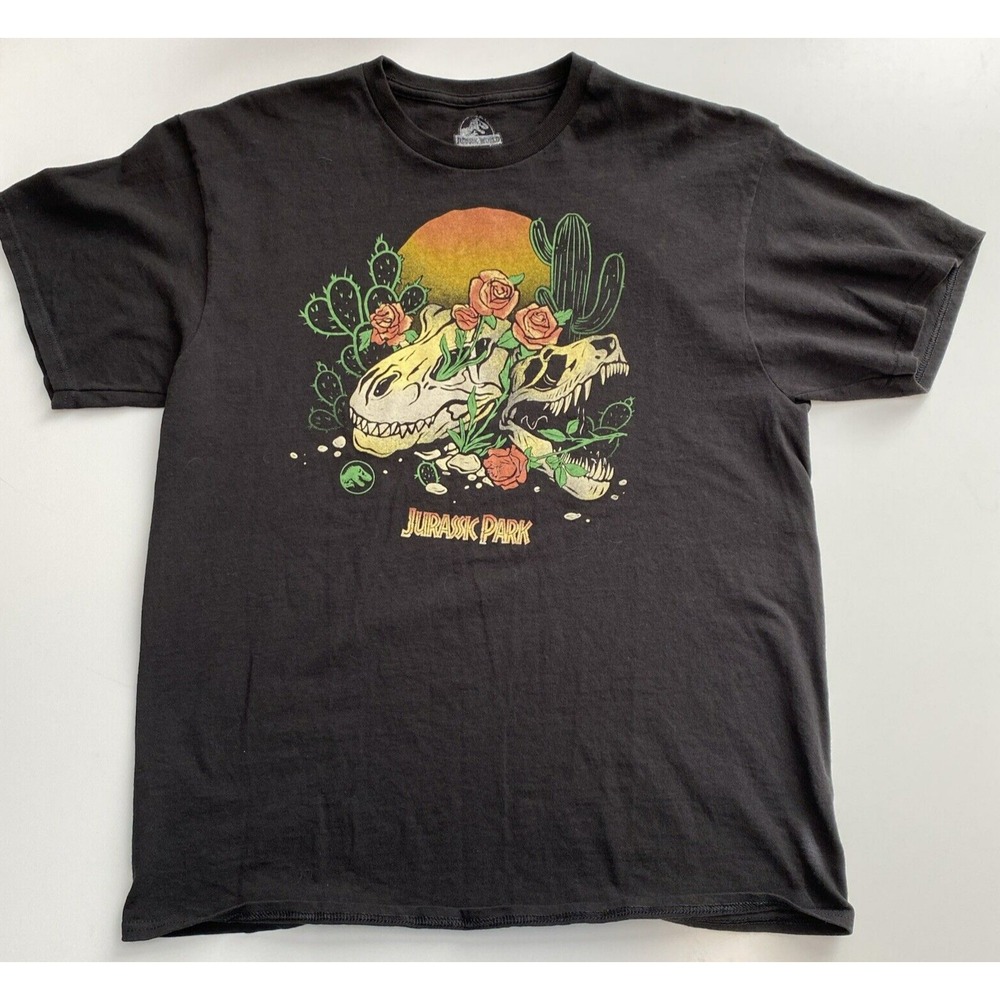 Jurassic Park / Jurassic World Black T-Shirt T-Rex Skulls & Flowers Size Large